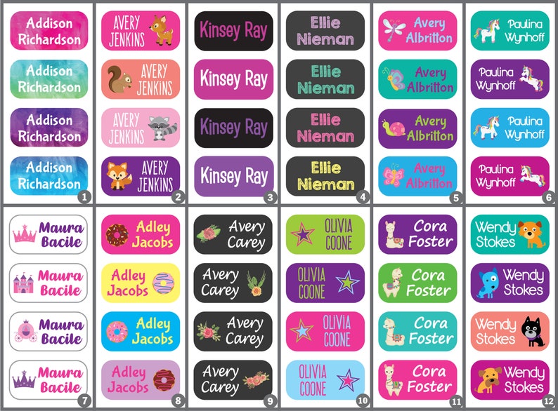 May include: A set of 12 colorful rectangular name labels with various animal and design illustrations. The labels feature names such as Addison Richardson, Avery Jenkins, Kinsey Ray, Ellie Nieman, Avery Albritton, Paulina Wynhoff, Maura Bacile, Adley Jacobs, Avery Carey, Olivia Coone, Cora Foster, and Wendy Stokes.