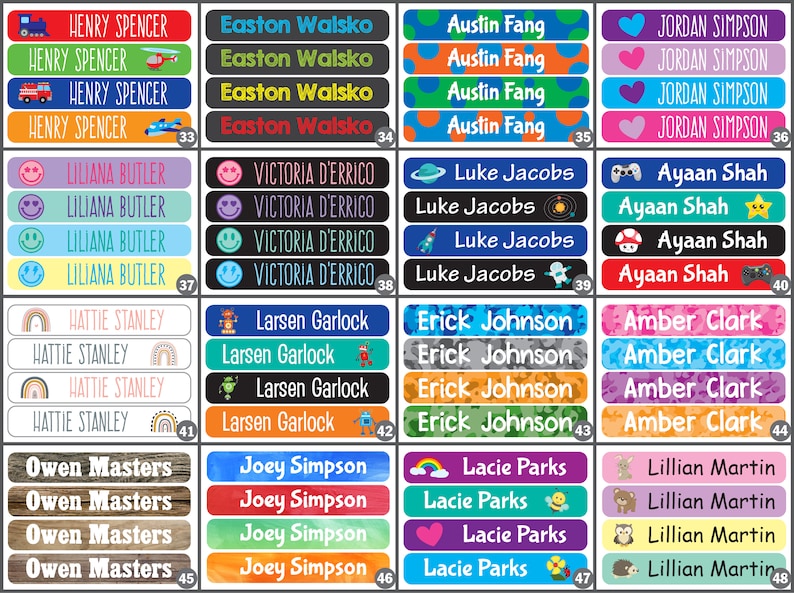 May include: Four rows of colorful name labels with different designs. Each label has a name printed in white letters and is repeated four times. The designs include rainbows, hearts, smiley faces, video game controllers, rockets, and camouflage patterns.