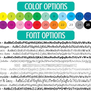 Puede incluir: Un gr&aacute;fico con opciones de color y fuente para un proyecto de dise&ntilde;o. Las opciones de color se muestran como 26 c&iacute;rculos de colores. Las opciones de fuente se enumeran con el nombre de la fuente y una muestra de la fuente en letras may&uacute;sculas.