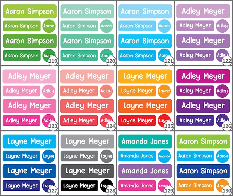 K&ouml;nnte beinhalten: Ein Bogen mit personalisierten Namensetiketten in verschiedenen Farben, darunter Gr&uuml;n, Blau, Rosa und Lila. Jedes Etikett enth&auml;lt einen Namen, wie "Aaron Simpson" oder "Adley Meyer", in einer wei&szlig;en serifenlosen Schrift. Die Etiketten sind rechteckig und kreisf&ouml;rmig.