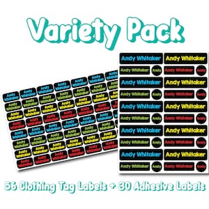 May include: A variety pack of labels featuring 56 clothing tag labels and 30 adhesive labels. Each black rectangular label displays the name Andy Whitaker in blue, yellow, green, or red text. The text Variety Pack is at the top.