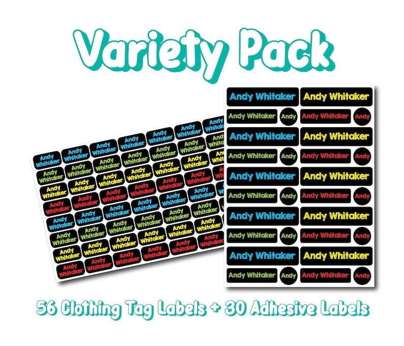 May include: A variety pack of labels featuring 56 clothing tag labels and 30 adhesive labels. Each black rectangular label displays the name Andy Whitaker in blue, yellow, green, or red text. The text Variety Pack is at the top.