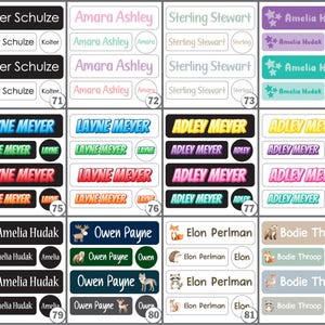 K&ouml;nnte beinhalten: Eine Sammlung personalisierter Namensetiketten in verschiedenen Designs. Die Etiketten tragen Namen wie Kolter Schulze, Amara Ashley und Amelia Hudak, mit dekorativen Elementen und verschiedenen Farbschemata. Ideal zum Organisieren von Gegenst&auml;nden.