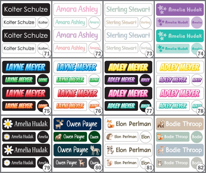 K&ouml;nnte beinhalten: Eine Sammlung personalisierter Namensetiketten in verschiedenen Designs. Die Etiketten tragen Namen wie Kolter Schulze, Amara Ashley und Amelia Hudak, mit dekorativen Elementen und verschiedenen Farbschemata. Ideal zum Organisieren von Gegenst&auml;nden.