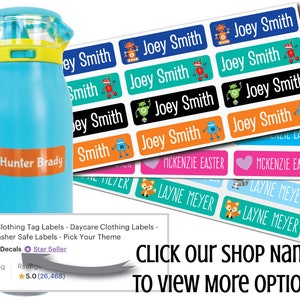 May include: 100 personalized clothing labels with a variety of colorful designs, including robots, hearts, and foxes. The labels are printed with names such as "Joey Smith", "Hunter Brady", "Layne Meyer", and "Mckenzie Easter".