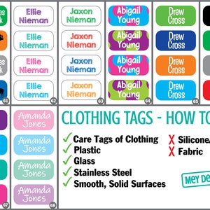 May include: A sheet of colorful rectangular name labels with different names and designs. The labels are for clothing tags and can be used on care tags of clothing, plastic, glass, stainless steel, and smooth, solid surfaces. The labels are not for use on silicone/rubber or fabric. The text "MEY DECALS" is in a teal box.
