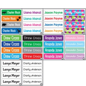 May include: A set of 70 colorful personalized name labels with various designs, including animal illustrations, paw prints, and polka dots. The labels are arranged in rows and columns, with each label featuring a different name. The names include Charles Block, Liana Manzi, Jaxon Payne, Emily Thomas, Drew Cross, Amanda Jones, Lanye Meyer, and Charity Anderson.