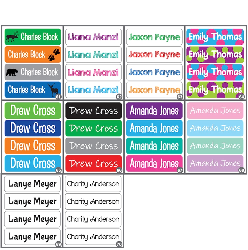 May include: A set of 70 colorful personalized name labels with various designs, including animal illustrations, paw prints, and polka dots. The labels are arranged in rows and columns, with each label featuring a different name. The names include Charles Block, Liana Manzi, Jaxon Payne, Emily Thomas, Drew Cross, Amanda Jones, Lanye Meyer, and Charity Anderson.