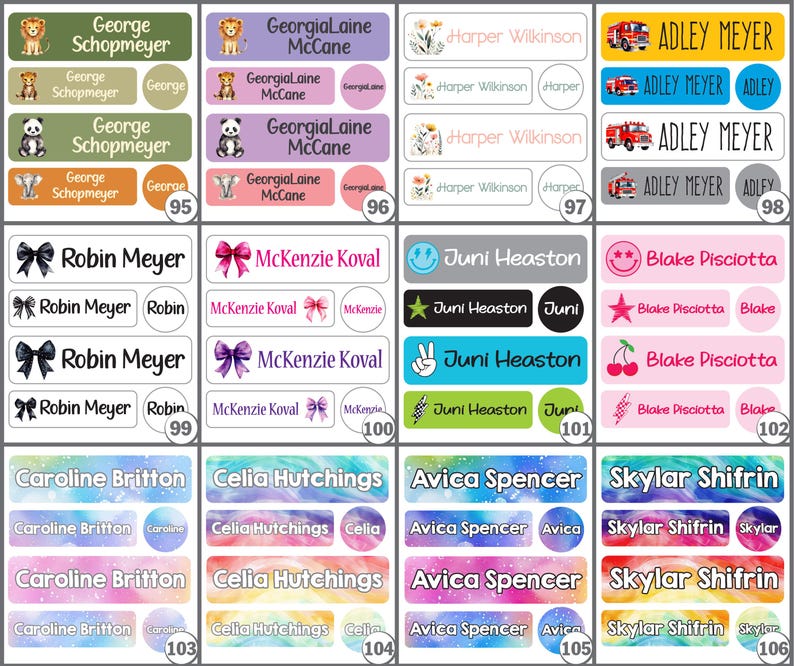 K&ouml;nnte beinhalten: Eine Sammlung personalisierter Namensetiketten in verschiedenen Designs. Rechteckige Etiketten tragen Namen wie "George Schopmeyer" und "Robin Meyer". Runde Etiketten enthalten Namen wie "Juno Heaston" und "Blake Pisciotta".