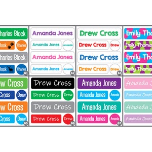 May include: A set of 12 colorful personalized name labels with different designs. The labels feature names like Charles Block, Amanda Jones, Drew Cross, and Emily Thomas. The labels are perfect for school supplies, lunchboxes, and other personal items.