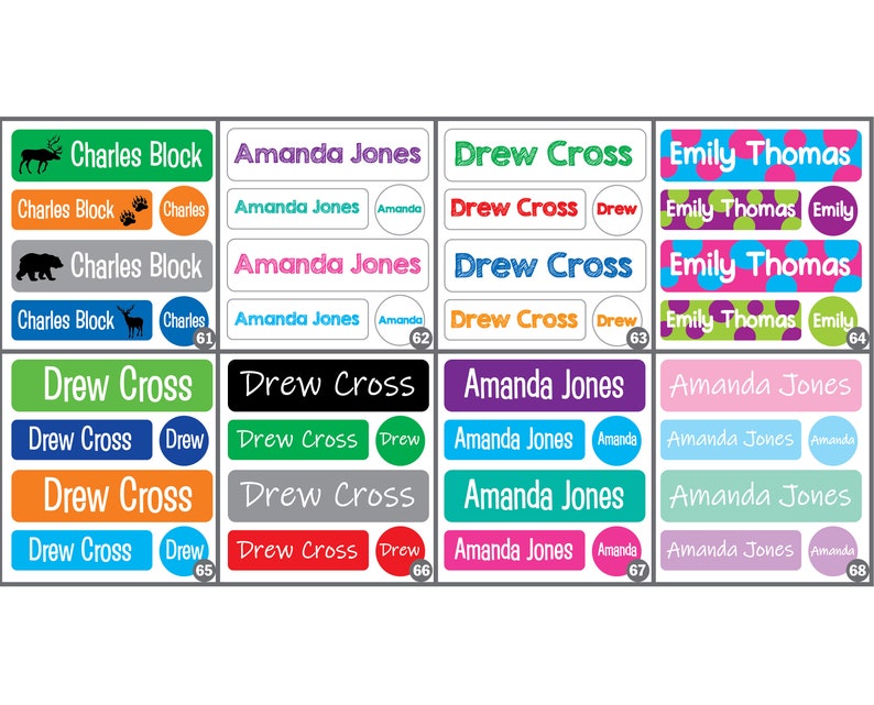 May include: A set of 12 colorful personalized name labels with different designs. The labels feature names like Charles Block, Amanda Jones, Drew Cross, and Emily Thomas. The labels are perfect for school supplies, lunchboxes, and other personal items.