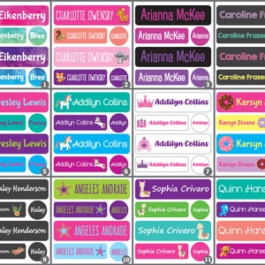 May include: A set of 12 colorful personalized name labels with various designs, including a unicorn, a crown, a llama, a donut, a butterfly, a star, a fox, a bird, and a flower. The labels are perfect for school supplies, lunchboxes, and other items.