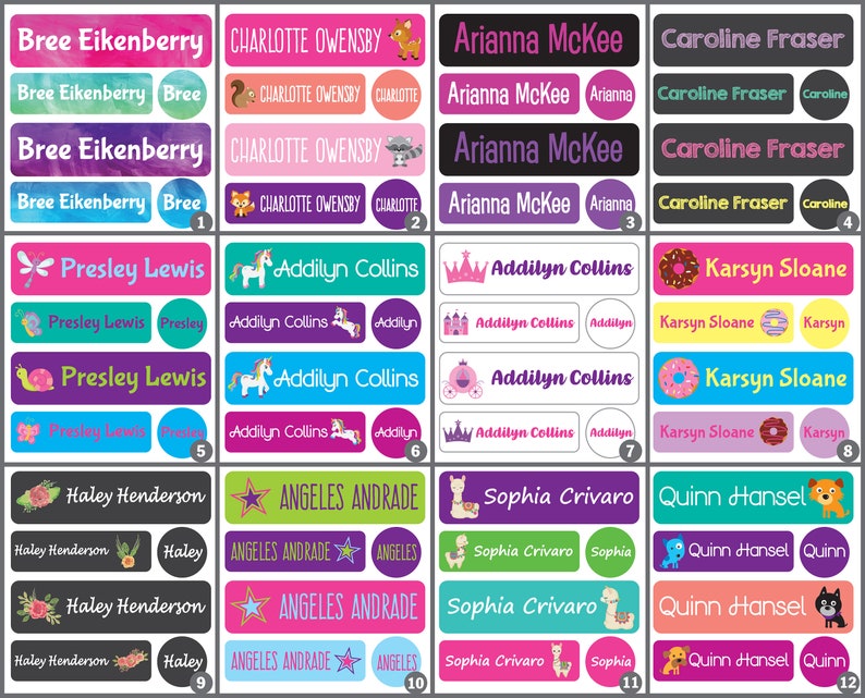 May include: A set of 12 colorful personalized name labels with various designs, including a unicorn, a crown, a llama, a donut, a butterfly, a star, a fox, a bird, and a flower. The labels are perfect for school supplies, lunchboxes, and other items.