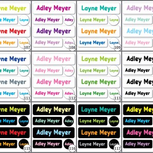 May include: A collection of rectangular and circular adhesive labels featuring the names Layne Meyer and Adley Meyer in various colors, including yellow, blue, red, orange, purple, pink, green, and black, with numbered sets from 107 to 118.