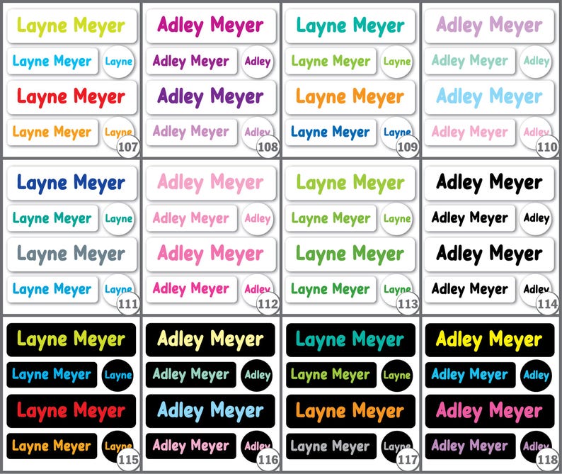 May include: A collection of rectangular and circular adhesive labels featuring the names Layne Meyer and Adley Meyer in various colors, including yellow, blue, red, orange, purple, pink, green, and black, with numbered sets from 107 to 118.