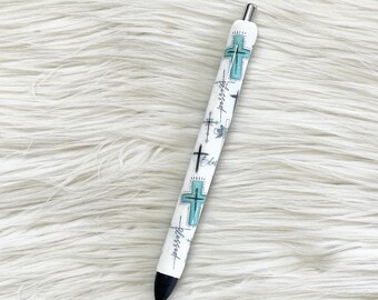 Teal Blessed Cross Glitter Pen, Refillable InkJoy Gel Pen, Religious Pen,Faith Glitter Pen, Spiritual Pen, Christian Glitter Pen, Gift
