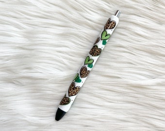 Leopard & Green Heart Resin Epoxy Glitter Refillable Ink Gel Pen/St. Patrick's Day Gift Idea/Cheetah Glitter Pen/Lucky/Irish