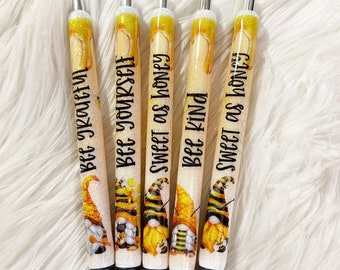 Bee Gnome Glitter Pen/Bee Glitter Pen/Bee Yourself Glitter Pen/Sweet as Honey/Bee Grateful/Bee Kind/Refillable/Epoxy Pen/InkJoy Pen/Gift
