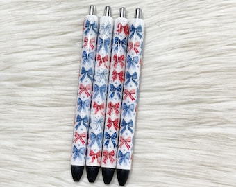 One Coquette America Bow Pen/4th of July Glitter Pen/Patriotic/All American/Trendy/Red White And Blue/Epoxy Pen/USA/Flag/Gift/Ribbon Pen