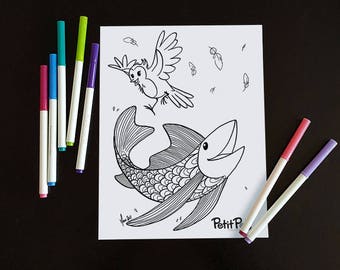 Happy Petit Poisson, downloadable illustration, bird, fish, flying fish, american robin, coloring book, coloring illustration