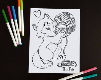 Cute little Macha, downloadable illustration, macha the kitten, cat, woolen ball, coloring book, coloring illustration