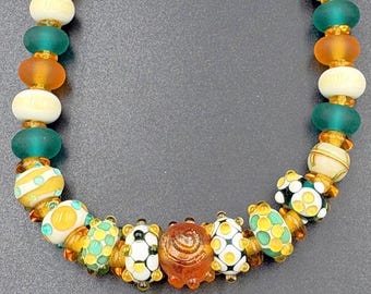 Art Glass Gold Teal Ivory Lampwork Beads Necklace