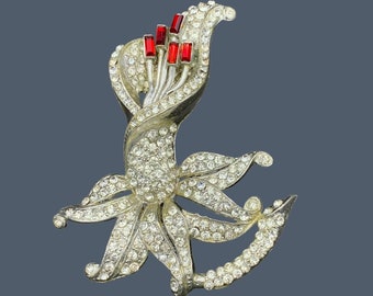 Large Flower Pot Metal Antique Rhinestone Brooch