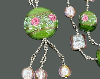 Vintage Czech Satin Glass Green Pink Beads Flapper Necklace