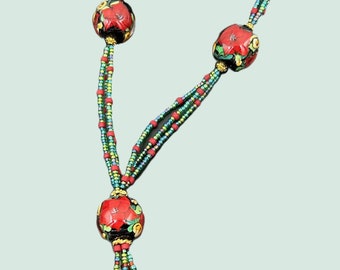 Art Glass Beads Red Green Necklace