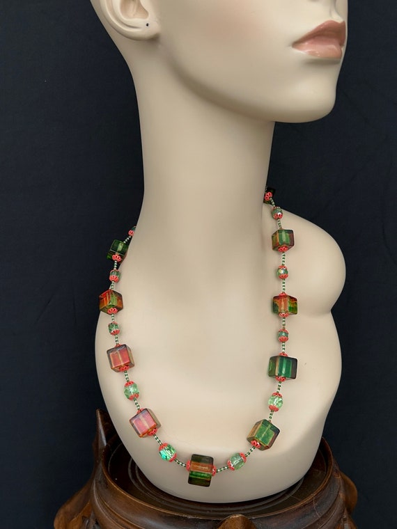 Vintage Lucite Orange Green Cube Beads Necklace - image 8