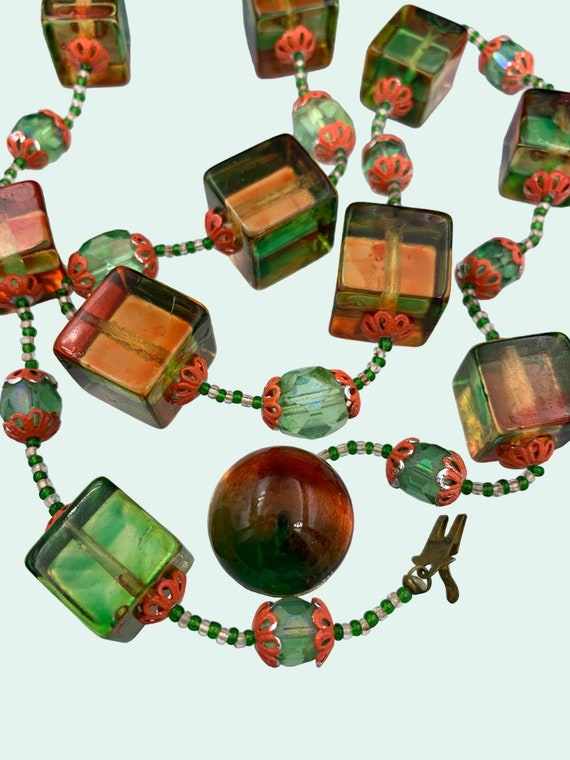 Vintage Lucite Orange Green Cube Beads Necklace - image 2