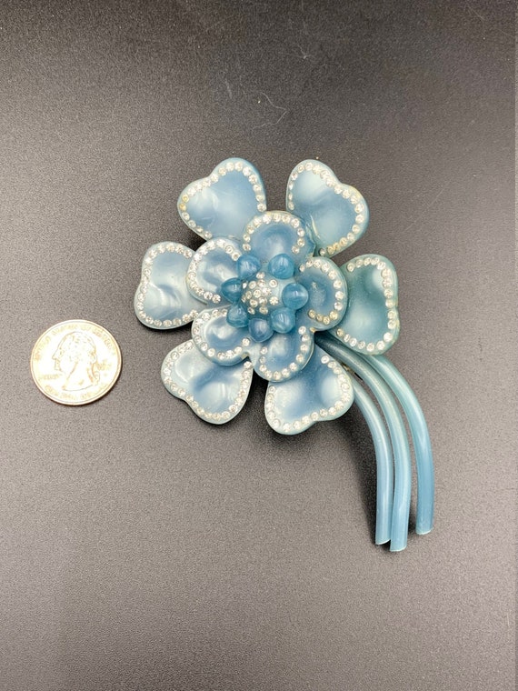Large Vintage Celluloid Blue Flower Rhinestone Br… - image 4