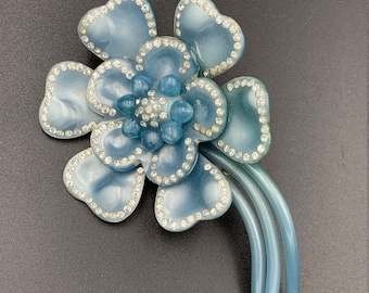 Large Vintage Celluloid Blue Flower Rhinestone Brooch