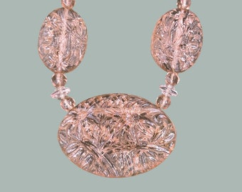 Art Deco Czech Pink Pressed Molded Glass Beads Necklace
