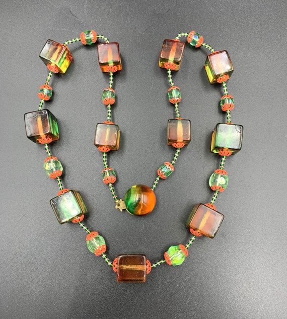 Vintage Lucite Orange Green Cube Beads Necklace - image 5