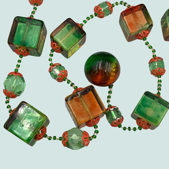 Vintage Lucite Orange Green Cube Beads Necklace - image 1