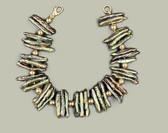 14k Yellow Gold Olive Green Pearl Bracelet