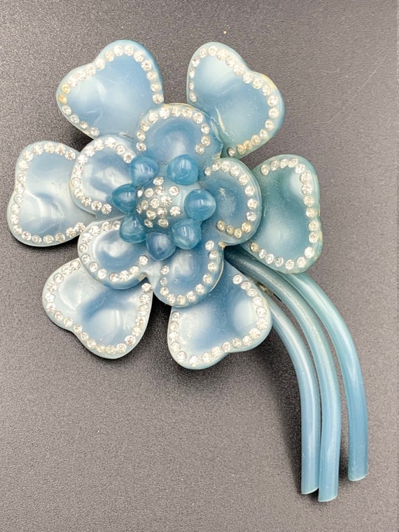 Large Vintage Celluloid Blue Flower Rhinestone Br… - image 2