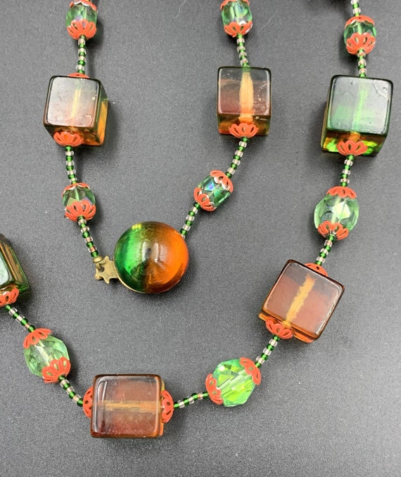 Vintage Lucite Orange Green Cube Beads Necklace - image 4