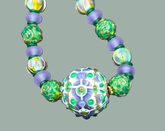 Art Glass Beads Green Lavender Necklace