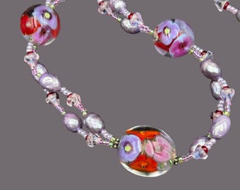 Art Glass Beads Pearl Sterling Silver Necklace