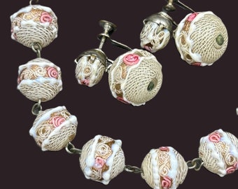 Venetian Wedding Cake Latticino Glass Bead Necklace + Earrings Set