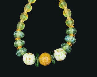 Art Glass Green Yellow Lampwork Beads Necklace