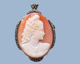 Silver 800 Marcasite Cameo Pendant Brooch