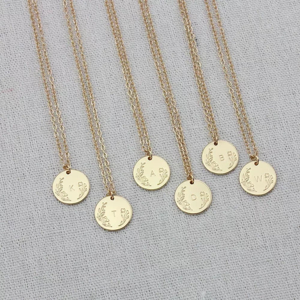 Dainty Wild Flower Disc Initial Necklace / Floral Letter Alphabet Nec…