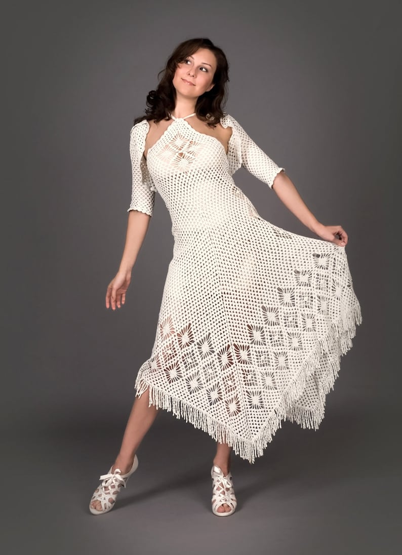 White exclusive crochet dress with crochet bolero top image 2