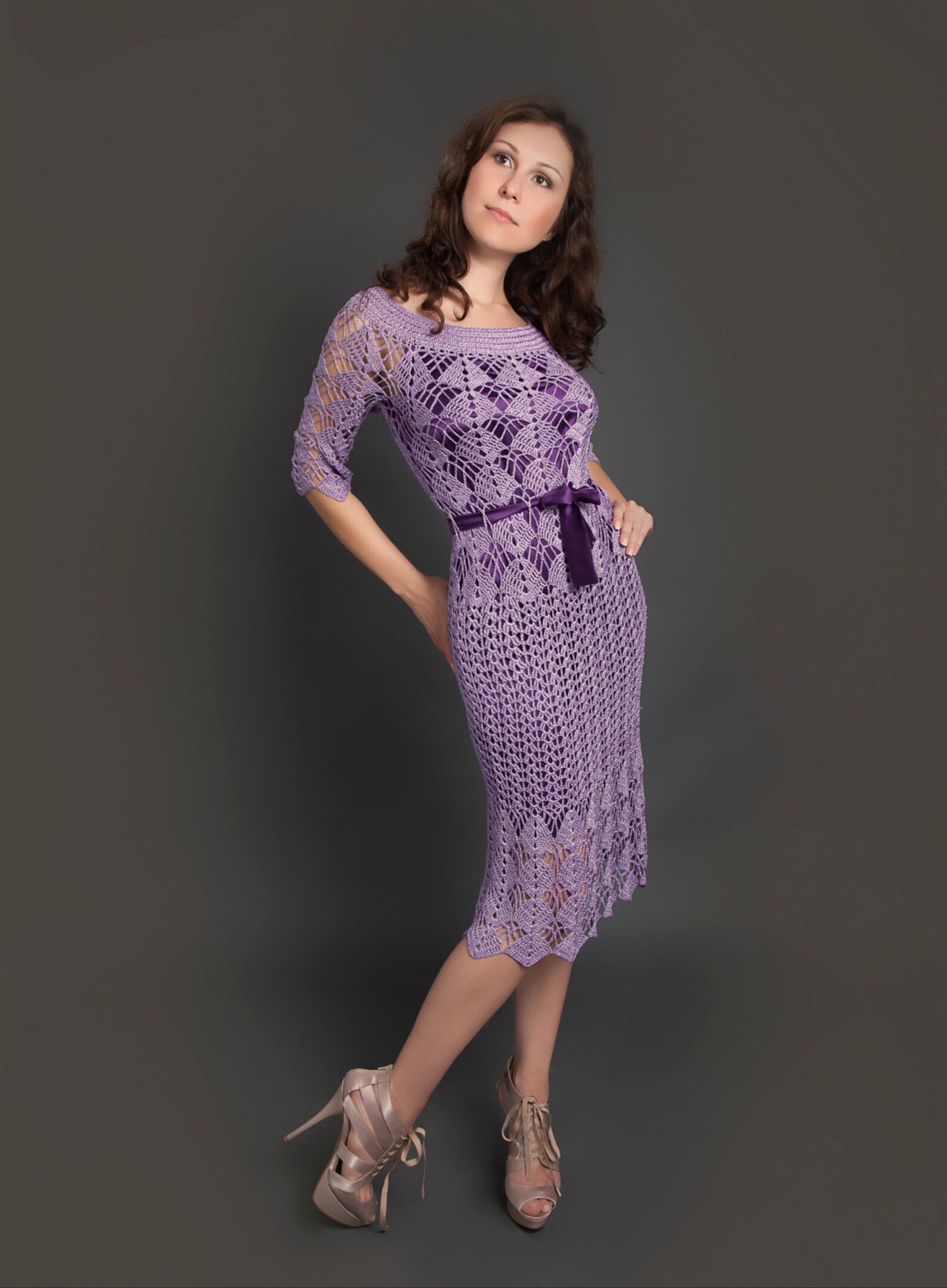 Flared Sleeve Crochet Knitted Long Dress In Purple