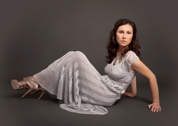 Grey Metallized exclusive Crochet Long Dress