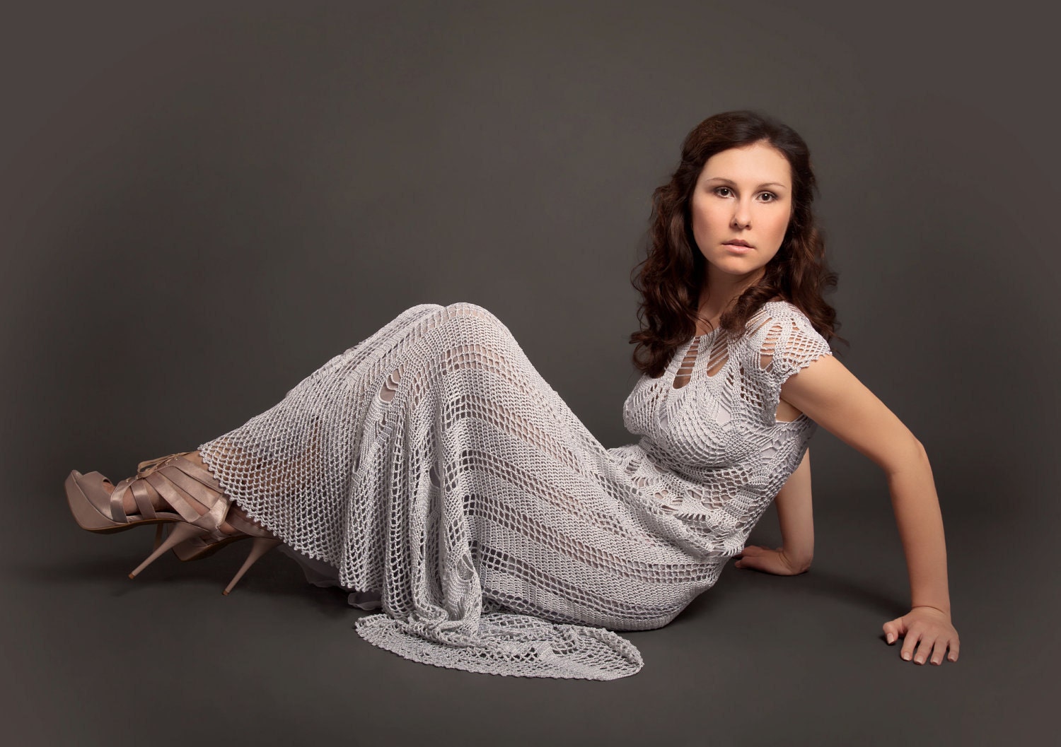gray crochet dress Grey metallized exclusive crochet long dress