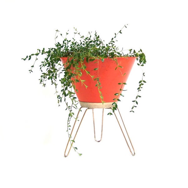 Vintage Bullet Planter Mid Century Modern Furniture Space Age Atomic Hairpin Legs Orange Plant Stand Fiber Glass Planter Retro Home Decor